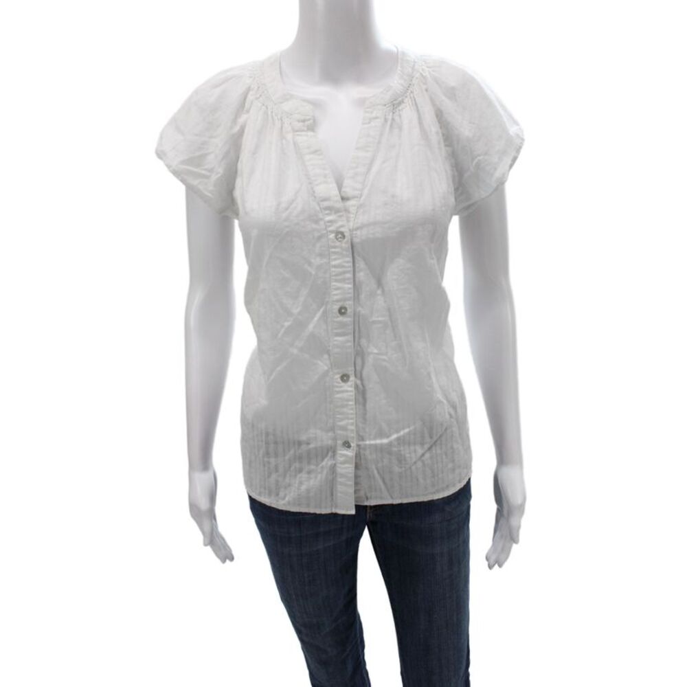 Rails Women Striped V-Neck Cotton Blouse Short Sleeve Button White Size M